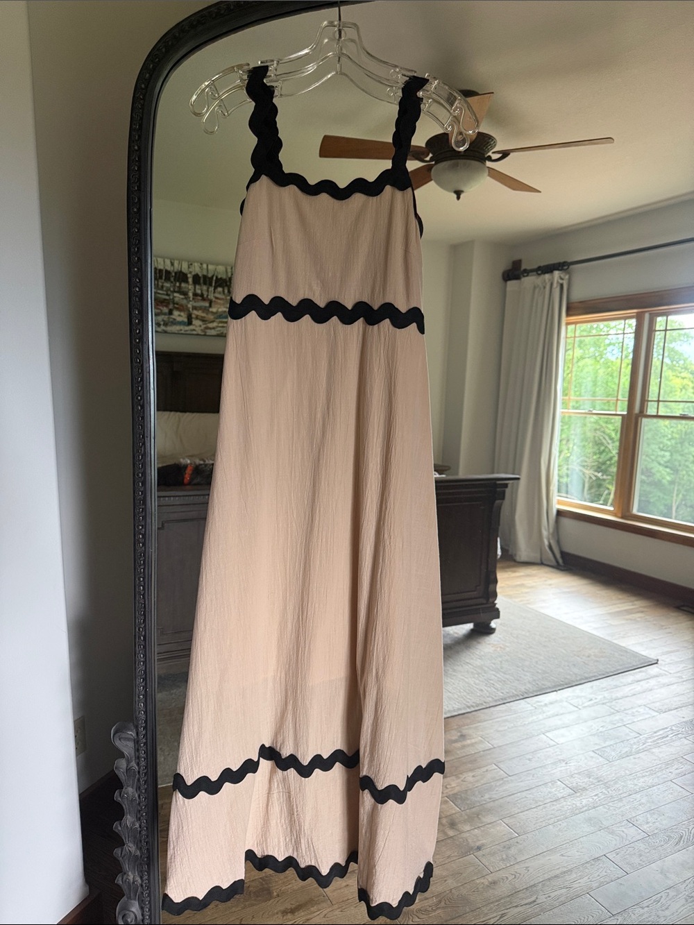 Beige Maxi Dress with Black Rickrack Trim